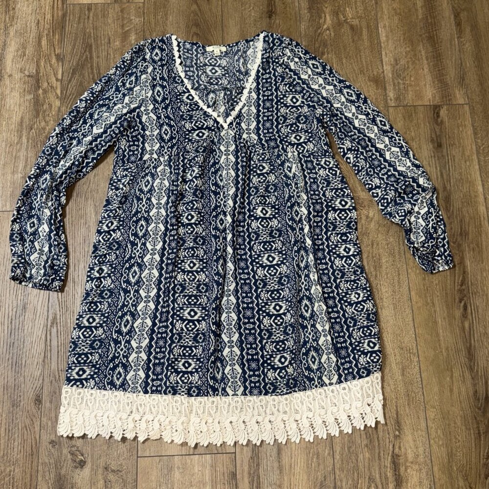 Kori Navy And Cream‎ Mini Dress boho casual Flowy knee length beach